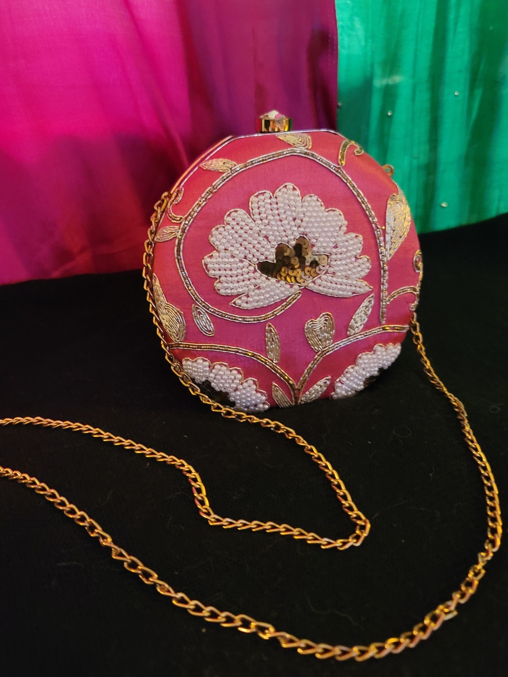 Pink Floral Embellished Round Evening Bag with Gold Chain